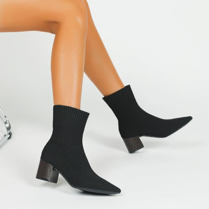 Black Square Toe Knit Sock Boots Elastic Slim Thick Block Heel High Heels Short Boots Fashion Autumn Casual Skinny Ankle Boots