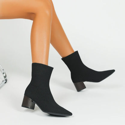 Black Square Toe Knit Sock Boots Elastic Slim Thick Block Heel High Heels Short Boots Fashion Autumn Casual Skinny Ankle Boots