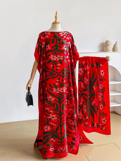 Boho Floral Print Abaya Kaftan Dress With Scarf, Loose Batwing Maxi Dress For Muslim Women Beach Holiday Wear