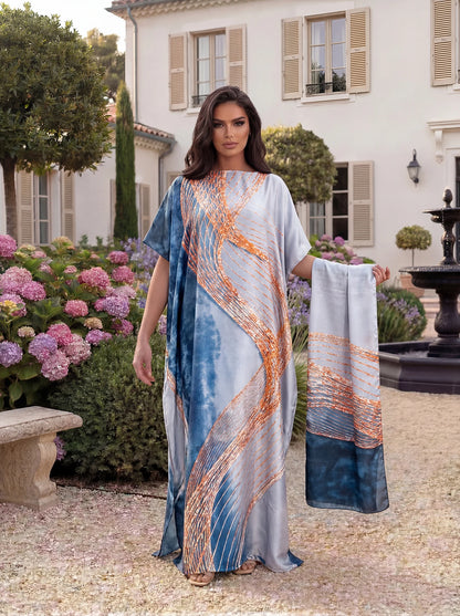 Boho Mixed Animal Paisley Abstract Print Satin Abaya Scarf Set, Loose Batwing Maxi Kaftan for Muslim Women Summer Holiday Wear