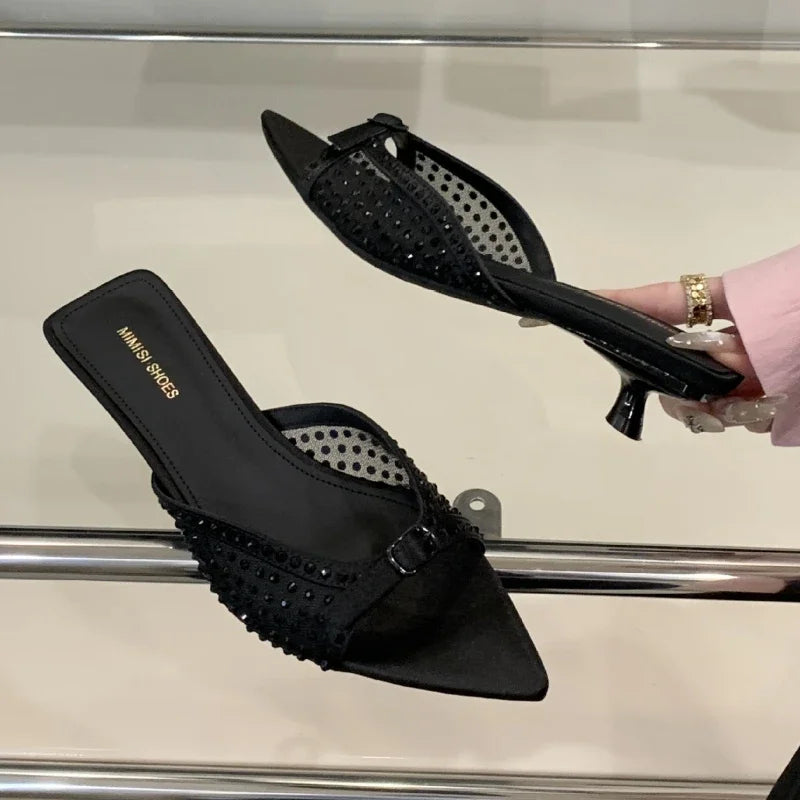 Luxury Rhinestone Mesh Kitten Heel Slippers Women Summer Sexy Pointed Toe Backless Slide Sandals Fashion Brand Designer Shoes