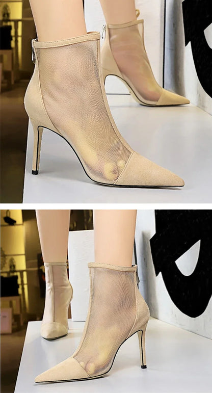 Eilyken 2026 New Spring Autumn Sexy Mesh High Heels Runway Ankle Boots For Women Pointed Toe Ladies Party Zipper Shoes