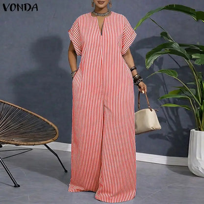 Plus Size VONDA Women Jumpsuits Summer Fashion Short Sleeve Stripe Jumpsuits Wide Leg Pants V Neck OL Party Overalls Playsuits