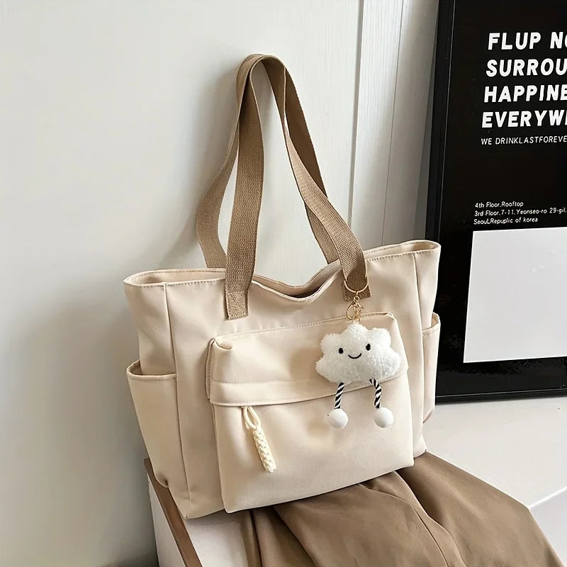Multi Compartment, Zipper Closure, Women's Bags Large Capacity Japanese Style Tote Bag, Cute Plush Fixed Strap, Casual Elegance