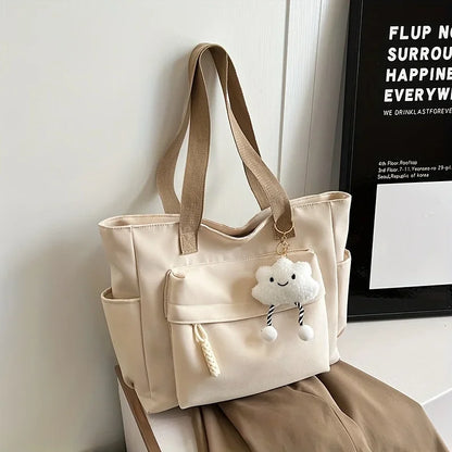 Multi Compartment, Zipper Closure, Women's Bags Large Capacity Japanese Style Tote Bag, Cute Plush Fixed Strap, Casual Elegance