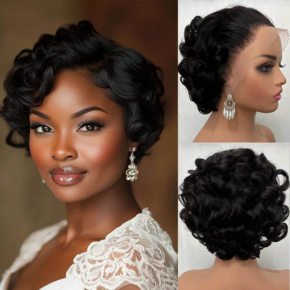 100% Human Hair Glueless Wigs 8" Short Loose Curly Glueless Pixie Cut 180% Density Brazilian Virgin Hair 13x4 Lace Frontal Wigs