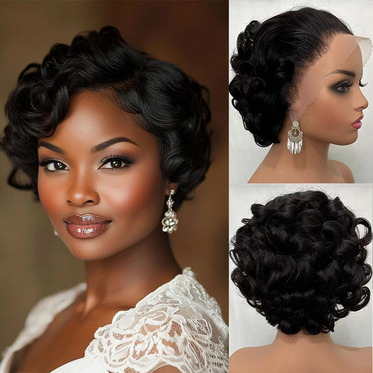 100% Human Hair Glueless Wigs 8" Short Loose Curly Glueless Pixie Cut 180% Density Brazilian Virgin Hair 13x4 Lace Frontal Wigs