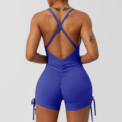 Sexy V Back Scrunch Sports Jumpsuit Women Yoga Rompers Hollow Out Cross Backless Slim Fit Drawstring Side Tight One-Piece Suit