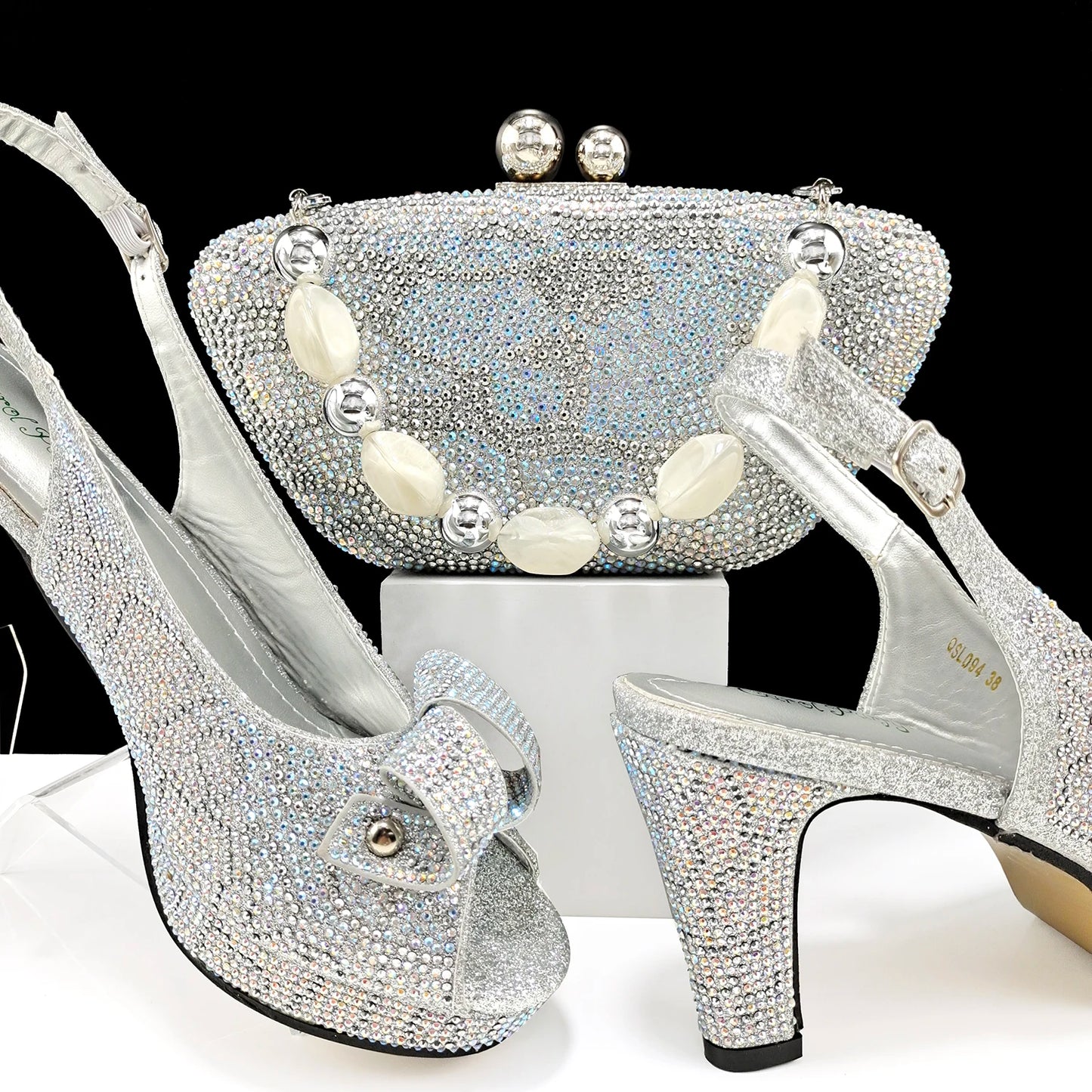 Nigerian Fashion Design Girly Style Party Shoes And Bag Sexy High Heels And Full Diamond Dual Purpose Mini Bag Women's Shoes