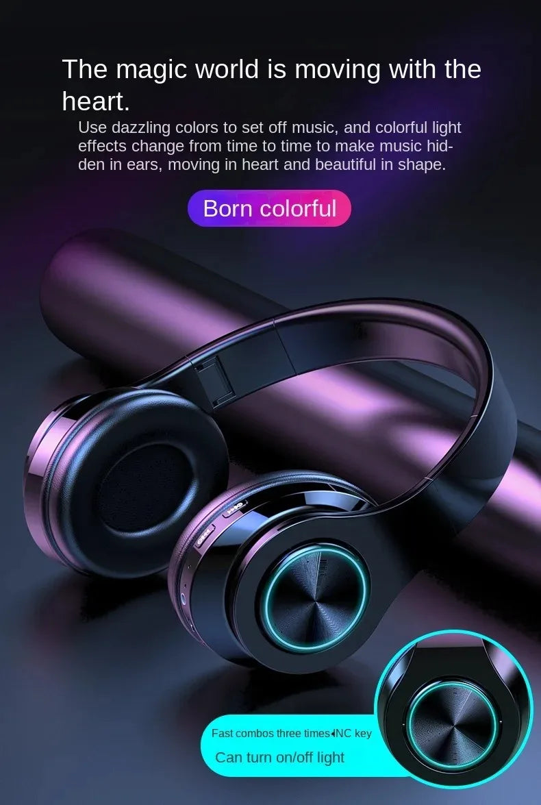 RGB Luminous Headset Bluetooth Headphones Noise Cancelling Wireless Earphones for Students Gamers Music Lovers