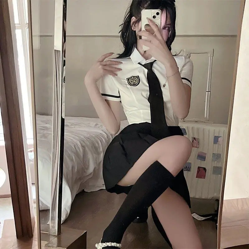 2025 improved daily jk uniform summer new white short/long sleeve shirt + pleated skirt jk uniform two-piece set for women w237