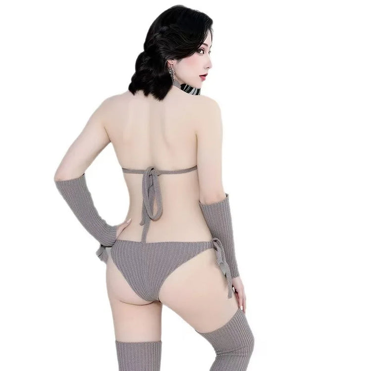 Sexy Backless Sweater Cosplay High Neck Socks Gloves Pure Desire Women Rompers Clothing Body Suits Sweet Sexy Women Top 1ZYF