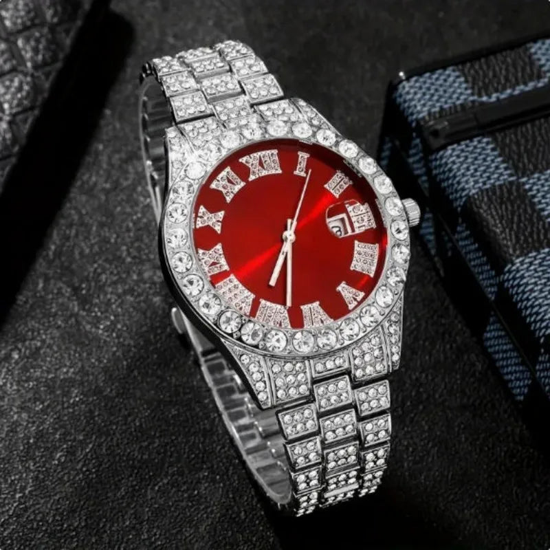 Luxury Fashion Hip Hop Men's Wristwatch, Roman Numeral Dial, Round Rhinestone Date Display,Men's Business Quartz Watch Clock