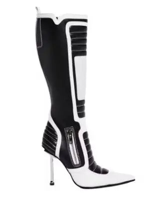 Pink White Black Patchwork Leather Motorcycle Knee High Boots Women Pointed Toe Thin Heels Run Way Long Riding Boots Shoes Lady