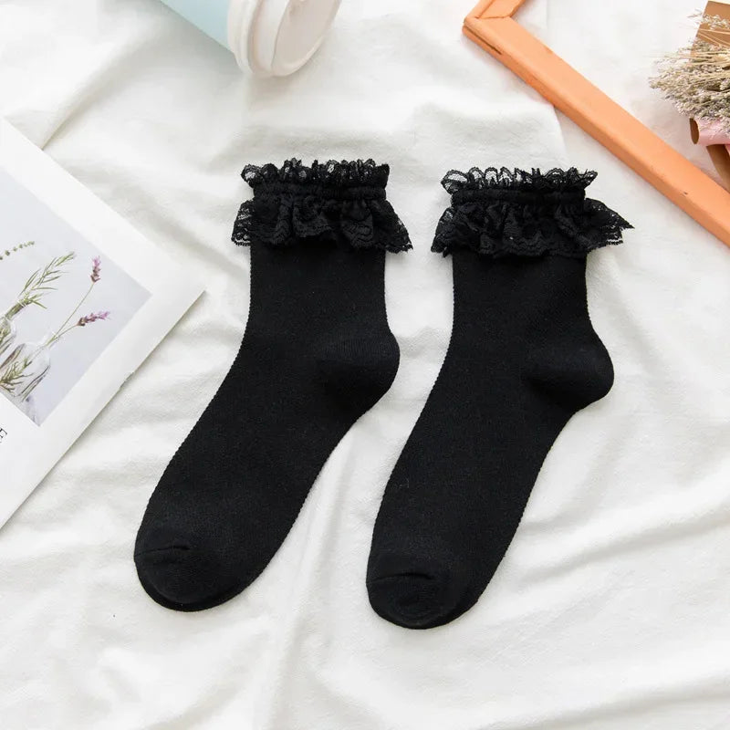 Women's Japanese Lolita JK Ankle Socks Kawaii Cotton with Lace Trim - Cute White/Black Crew Socks for Girls Cosplay Casual Wear