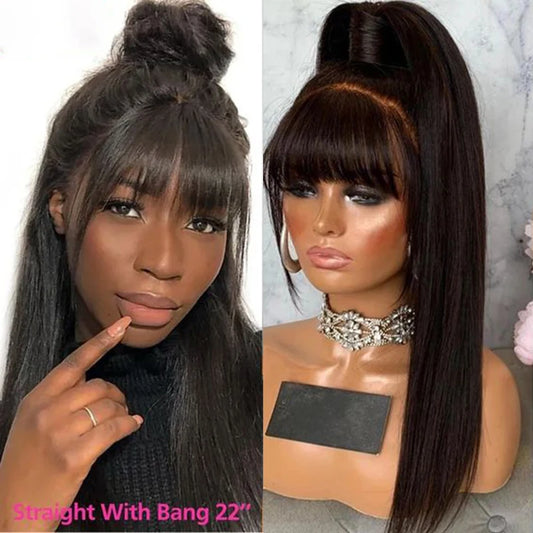 38 inch Straight Lace Front Wig With Bangs Fringe Human Hair Wigs 360 HD Full Lace Frontal Wig With Bang On Sale Clearance Cheap