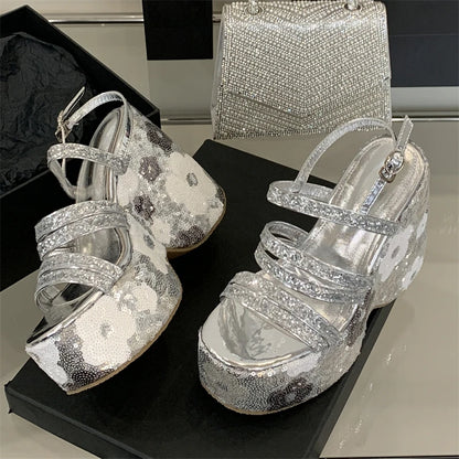 Eilyken CRYSTAL Diamonds Sequin Cloth Buckle Strap Platform Wedges Women Sandals Street Style High Heels Summer Shoes