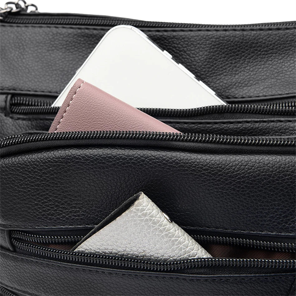 Many Pockets Women Leather Top-handle Bag Luxury Designer Female Shoulder Messenger Shopper Bags Brand Ladies Crossbody Handbags