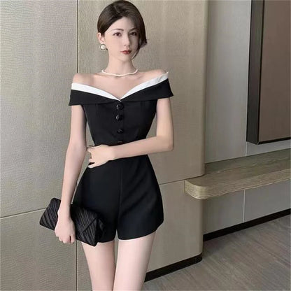 Korea Rompers Contrast color off shoulder single breasted jumpsuit women's summer new style casual wide leg shorts pants