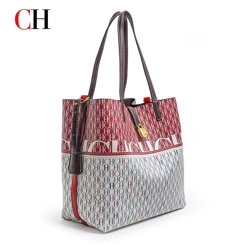 CH Tote Bag for Women Two Tone PU Leather Large Capacity Shoulder Handbag Luxury Ladies Commute Shopping Shopper Bag