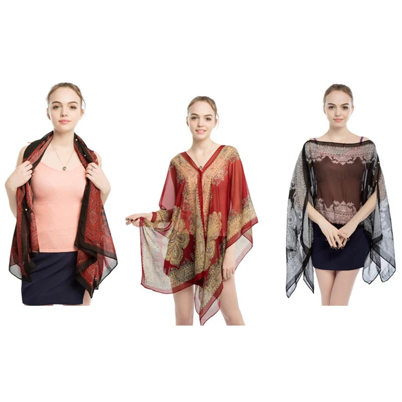 〔YS1〕Summer Sun Protection Chiffon Printed Scarf  Scarf Polyester Shawls For Women Beach Silk Variable Decorative Shawl