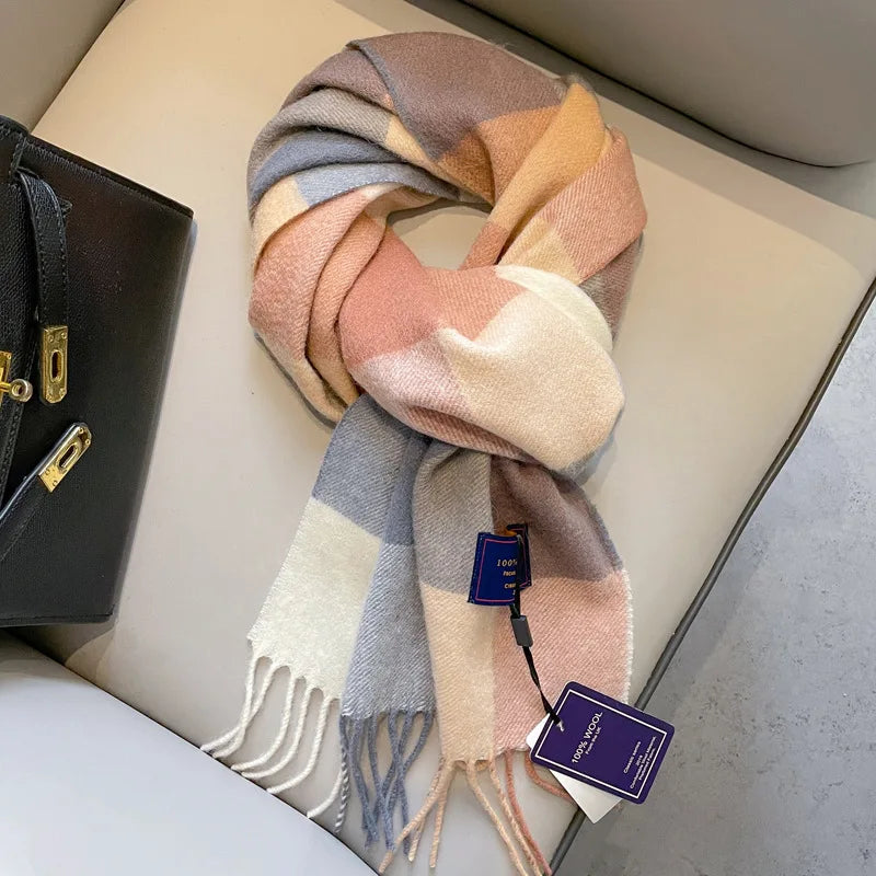 2025 Women 100% Wool Scarf Luxury Plaid Cashmere Handkerchief Warm Winter Female Shawl Pareo Soft Bufanda British Korean
