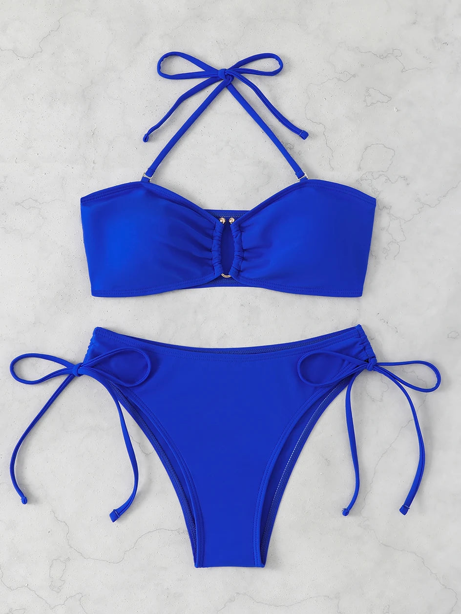 High Waist Bikini Women's Swimsuit 2026 Knotted Bathing Suits Woman Swimwear Bandeau Push Up Bikinis Sets Brazilian Beach Wear