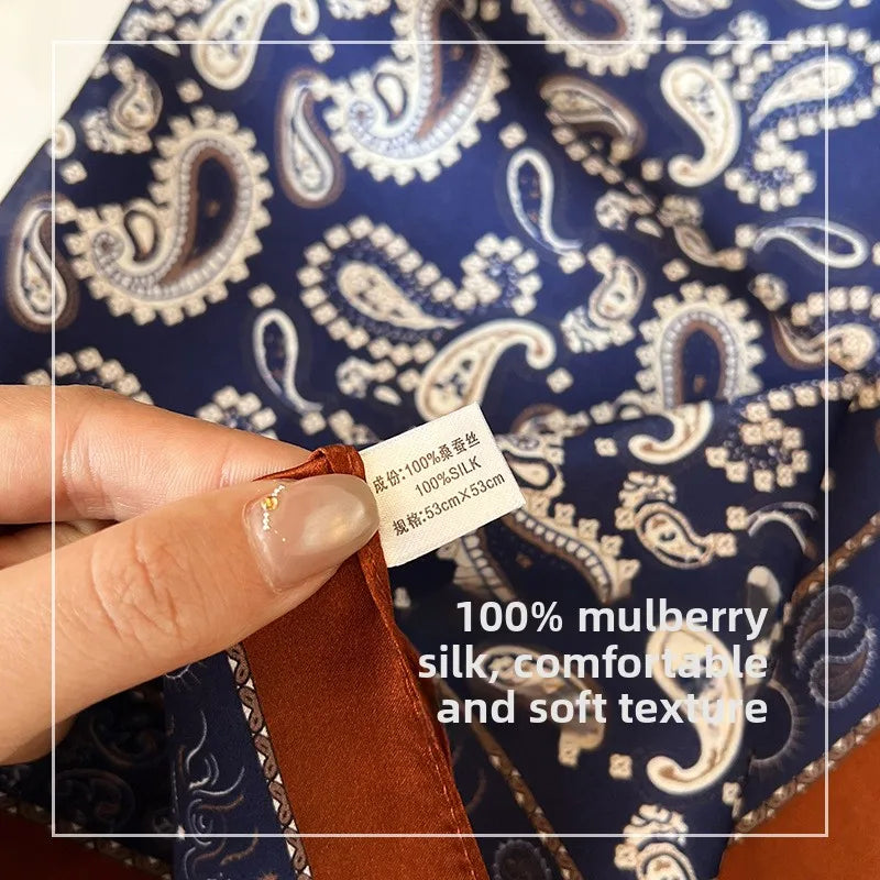 100% Mulberry Silk Square Scarf 53x53cm Royal Blue Paisley Print Neck Scarf Headband Bag Ribbon Vintage Elegant Gift For Women