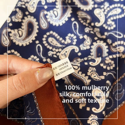 100% Mulberry Silk Square Scarf 53x53cm Royal Blue Paisley Print Neck Scarf Headband Bag Ribbon Vintage Elegant Gift For Women