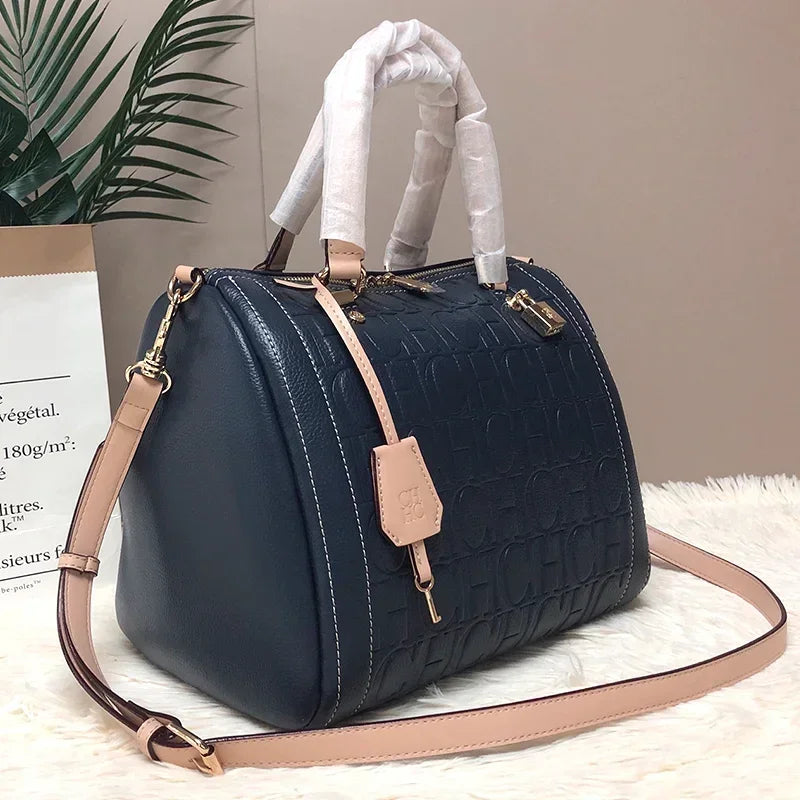 CH Carolina Herrera Boston Bag Women Leather Embossed Logo Shoulder Bag Luxury Travel Handbag Large Capacity