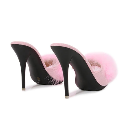 10CM Thin High Heel Summer Furry Slippers For Ladies Mules Fashion Fluffy Fur Slides Sandals 2025 New Brand Women's Party Shoes
