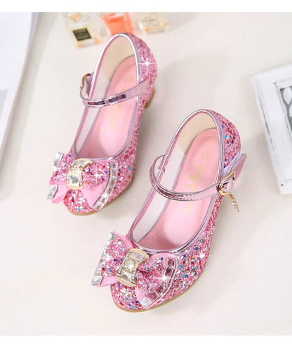 Princess Kids Leather Shoes for Girls Flower Casual Glitter Children High Heel Girls Shoes Butterfly Knot Blue Pink Silver