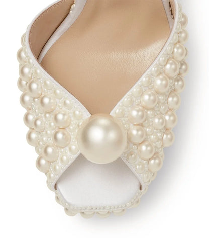 Luxury Full Pearl Platform Heeled Sandals Women White Peep Toe Ankle Strap Block Heels Elegant Bridal Shoes Wedding Prom