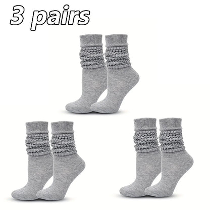 3 Pairs Women Pile Up Socks Fashionable Trendy Versatile White Solid Color Basic Socks Comfortable Breathable Mid Length Socks