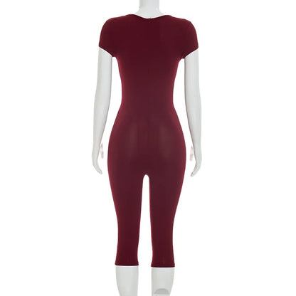 Solid Color Sexy Slim Fit and Slimming Chest U-Neck Jumpsuit, Versatile and Fashionable Jumpsuit Cropped Pants