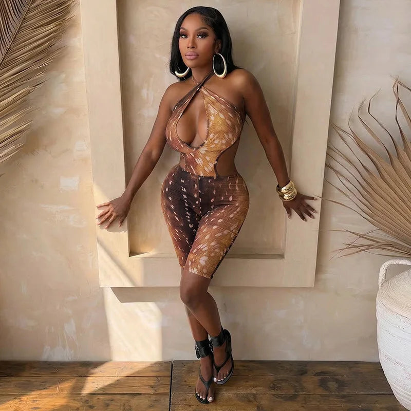 FAGADOER Deer Print Sexy Hollow Out Romper Hot Girl Bandage Halter Shorts Backless Bodycon Jumpsuits New Trendy Streetwear