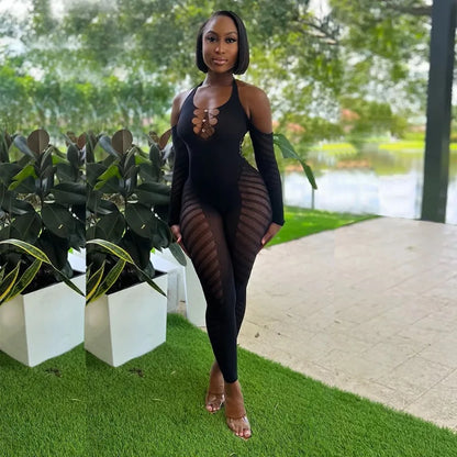 Jacquard Hollow Out See Through Skinny Jumpsuits Women Sexy Halter Backless Long Sleeve Peach Hips Overalls Lingerie Rompers