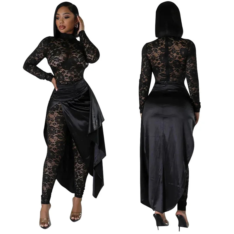 Sexy See Through Floral Lace Jumpsuits with Overlay Skirt Women Nightclub Party Skinny Stretchy One Piece Romper Club Overalls