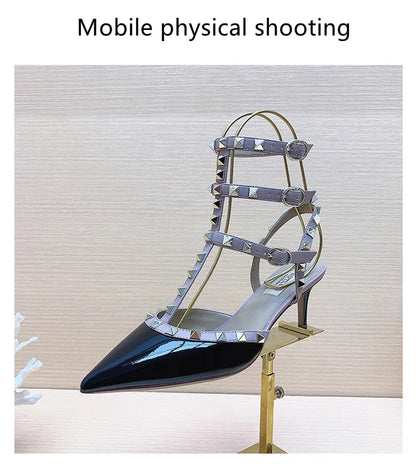 Women's sandals luxury Woman shoes Gladiator Summer 2026 New Rivet High-heeled Three Straps Ankle Fashion Designer Ladies Shoes