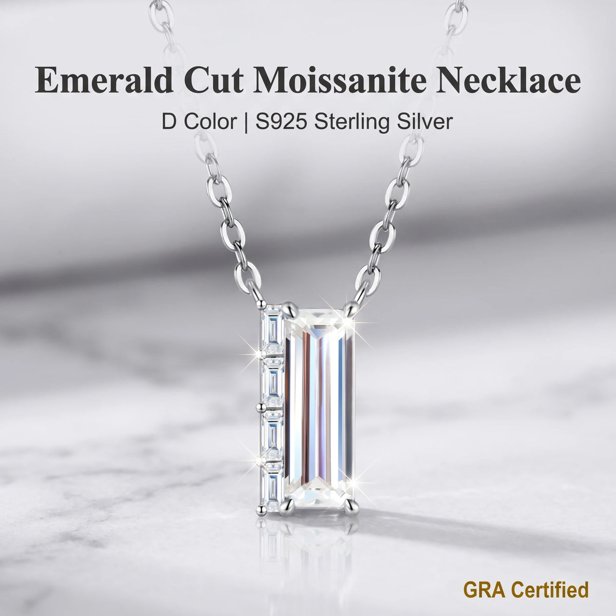 S925 Sterling Silver D‑Color Moissanite Necklace, Emerald Cut & Baguette Stones, GRA Certified Hypoallergenic Gift for Women