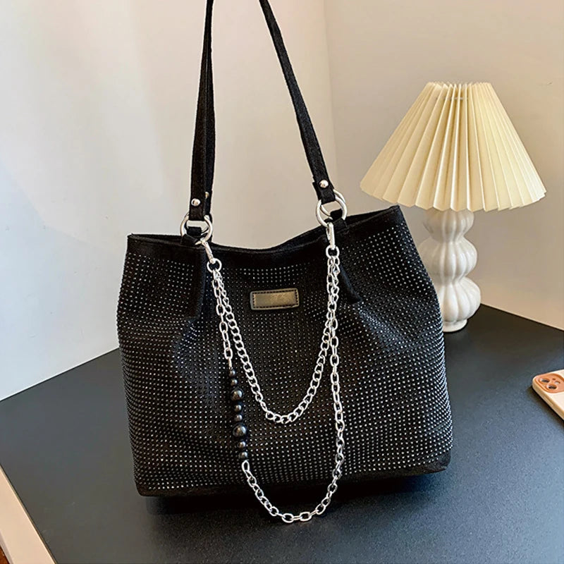 2024 Fashion Women Bling Diamonds Handbag Large Capacity PU Leather Big Totes Designer Female Chain Shoulder Bags Shopping Bags