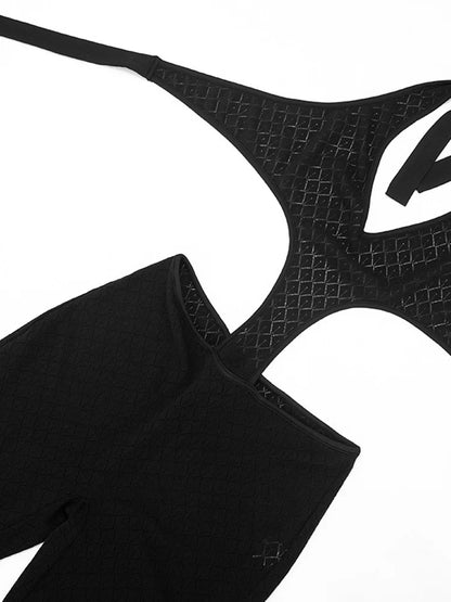 Beyprern Sexy Women's Black Knitted Bandage Skinny Jumpsuit New Ladies Halter Hollow Out One Pieces Rompers Clubwear Outfits