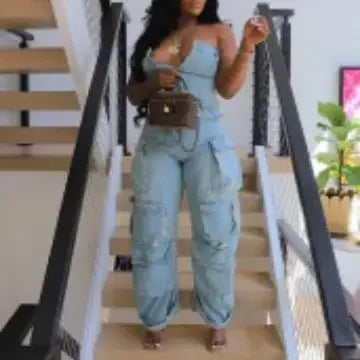 Jumpsuits Women Sexy One Piece Strapless Sleeveless Single Breasted Multiple Pockets High Waist Overalls Streetwear Trousers