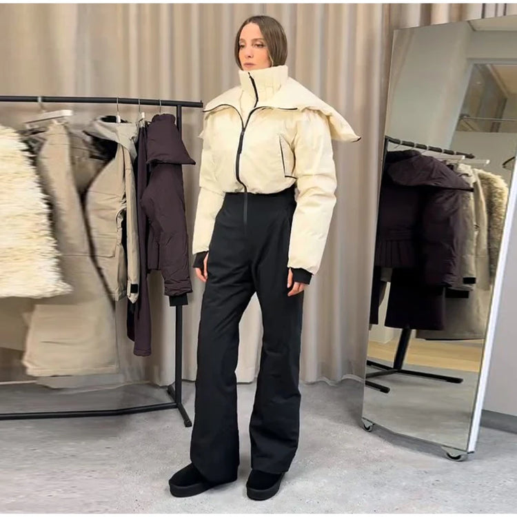 Detachable Hooded Ski Suit Jumpsuit Woman Zipper Color Blocked Long Sleeve Slim Warm Jumpsuits Sports Casual Women's Ski Suits
