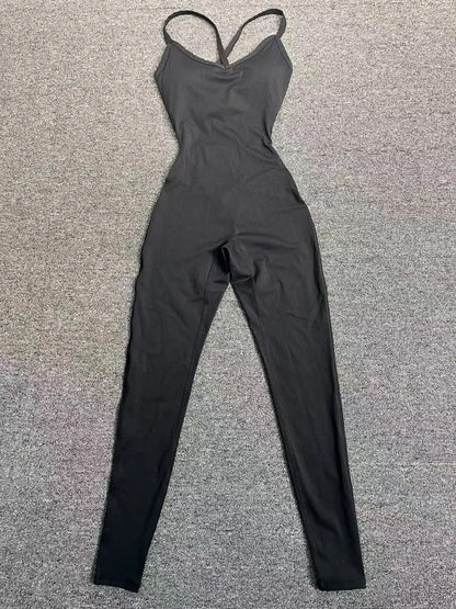 New Nylon Pad V-Neck Wrap Yoga Bodysuit - Adjustable Hook Tummy Control Butt Lift Workout Jumpsuit