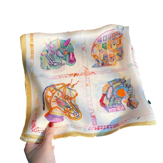 100% Mulberry Silk Satin Scarf for Women Colorful Abstract Horse Pattern Square Neck Scarf Multi Use as Headband Bag Decoration