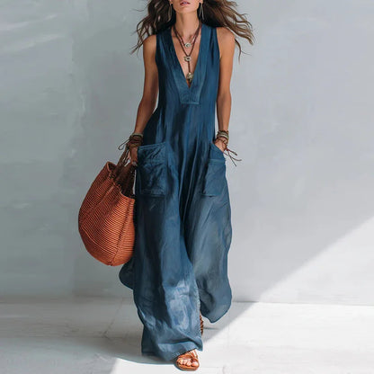 Vintage Sleeveless Overall Jumpsuits Women Deep V Neck Relaxed Pockets Flowy Wide Leg Pants Boho Holiday Vacation One Piece Sets