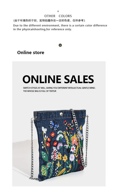 Embroidered Flowers Women Cowboy Shoulder Bag Fashion Chain Ladies Messenger Bags Denim Handbag Personality Trend Student Bag