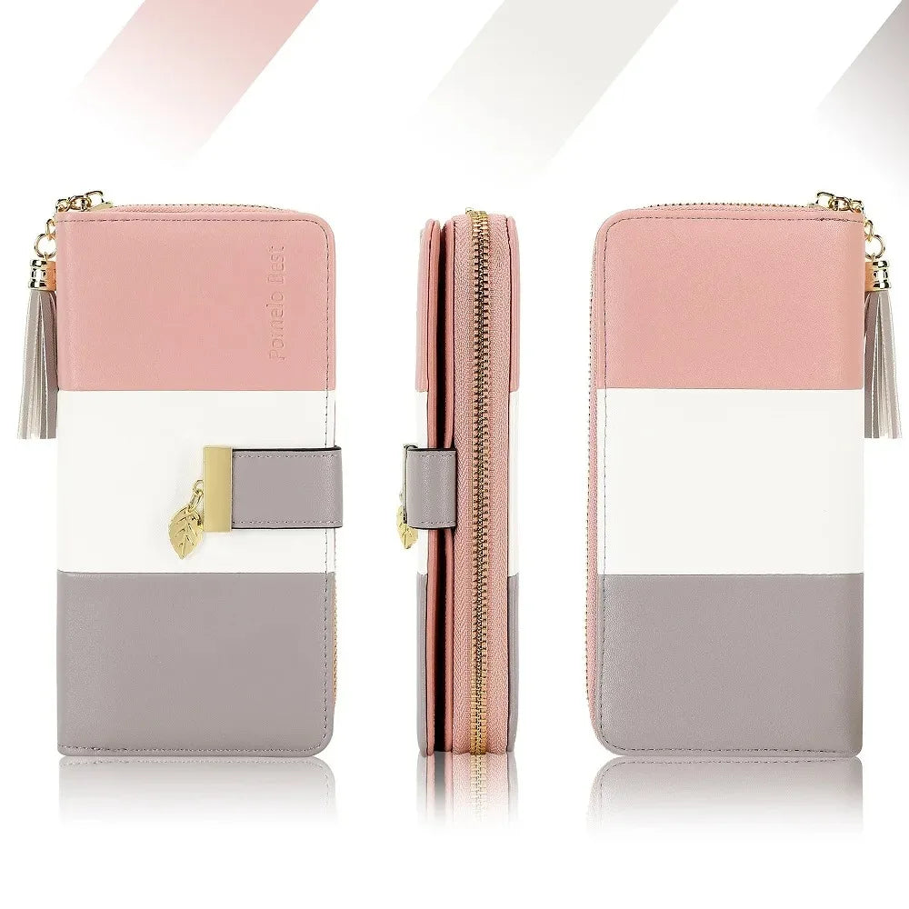 Pomelo Best Tri-color Women's Wallet Zipper Long Billfold PU Leather Large 9 Card Slots Coin Purse RFID Blocking Tassel Pendant