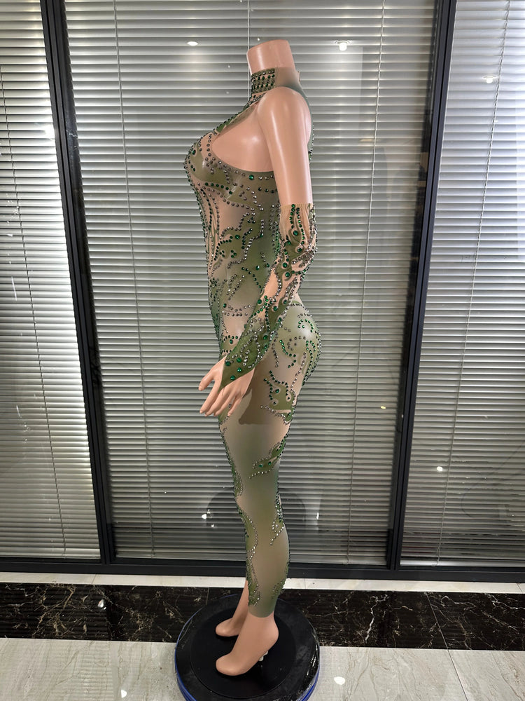 Chic Sheer Mesh Full Body Jumpsuit Women Sexy Rhinestone Embellished High Neck Slim-fit Outfit Nightclub Evening Party Costume